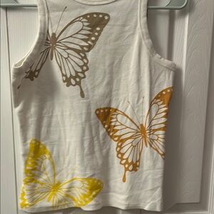 Butterfly Print Sleeveless Top - White, Yellow, Brown